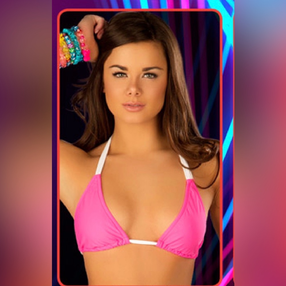 J. Valentine Neon Pink and White Lycra Triangle Bikini Top